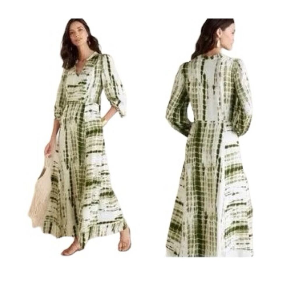 Soft Surroundings Melody Woven Split Neck Maxi Dress Size M Green Tie Dye